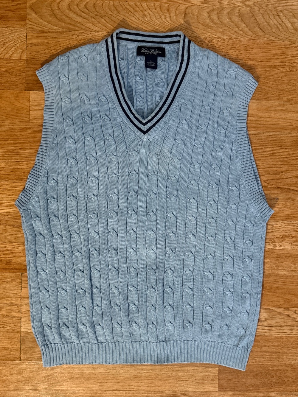Brooks Brothers Vtg Cotton Pima Cable Knit V-Neck Sweater Vest Light Blue/Navy L